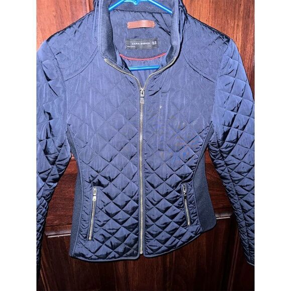 Zara Woman Quilted Blue Moto Jacket Size S Full‎ Zip Casual Short Coat - Picture 2 of 9
